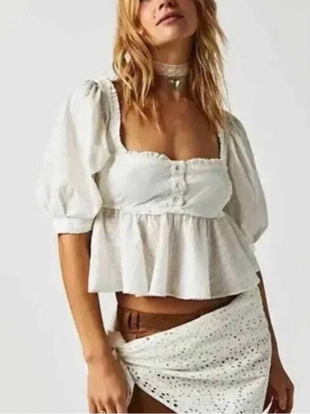 Free People White Peplum Puff Sleeve Button Front Blouse